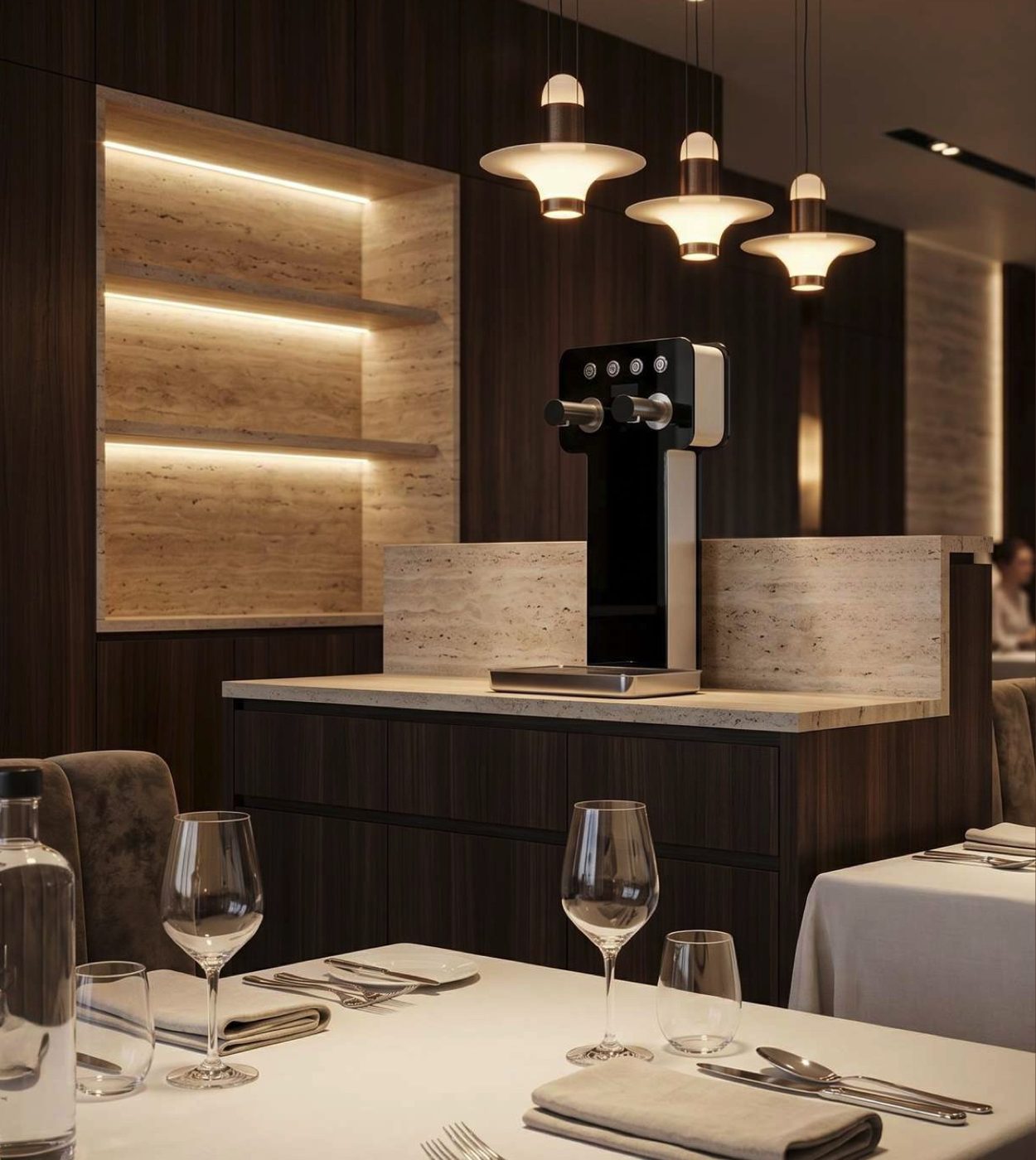 Erogatore d'acqua su un mobile in travertino nella sala di un ristorante